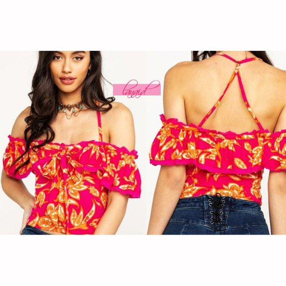 Free People Cha Cha Off-The-Shoulder Top Raspberry Sorbet Fuchsia Hot Pink XS - Picture 1 of 14